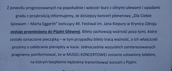 Koncert plenerowy przeniesiony do Pijalni Głównej