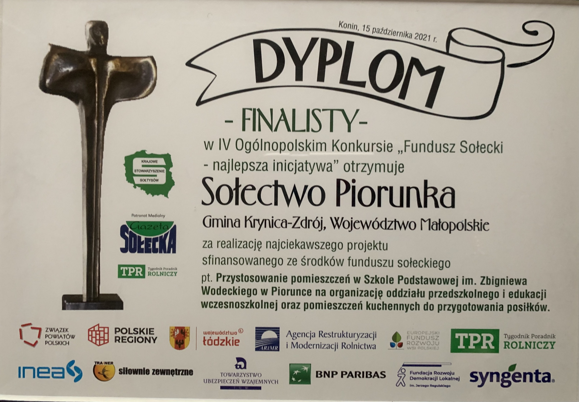 Sołectwo Piorunka laureatem IV edycji ogólnopolskiego Konkursu „Fundusz sołecki – najlepsza inicjatywa”