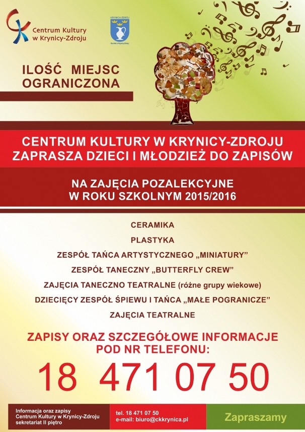 Centrum Kultury w Krynicy-Zdroju zaprasza dzieci i młodzież do zapisów na zajęcia pozalekcyjne w roku szkolnym 2015/2016
