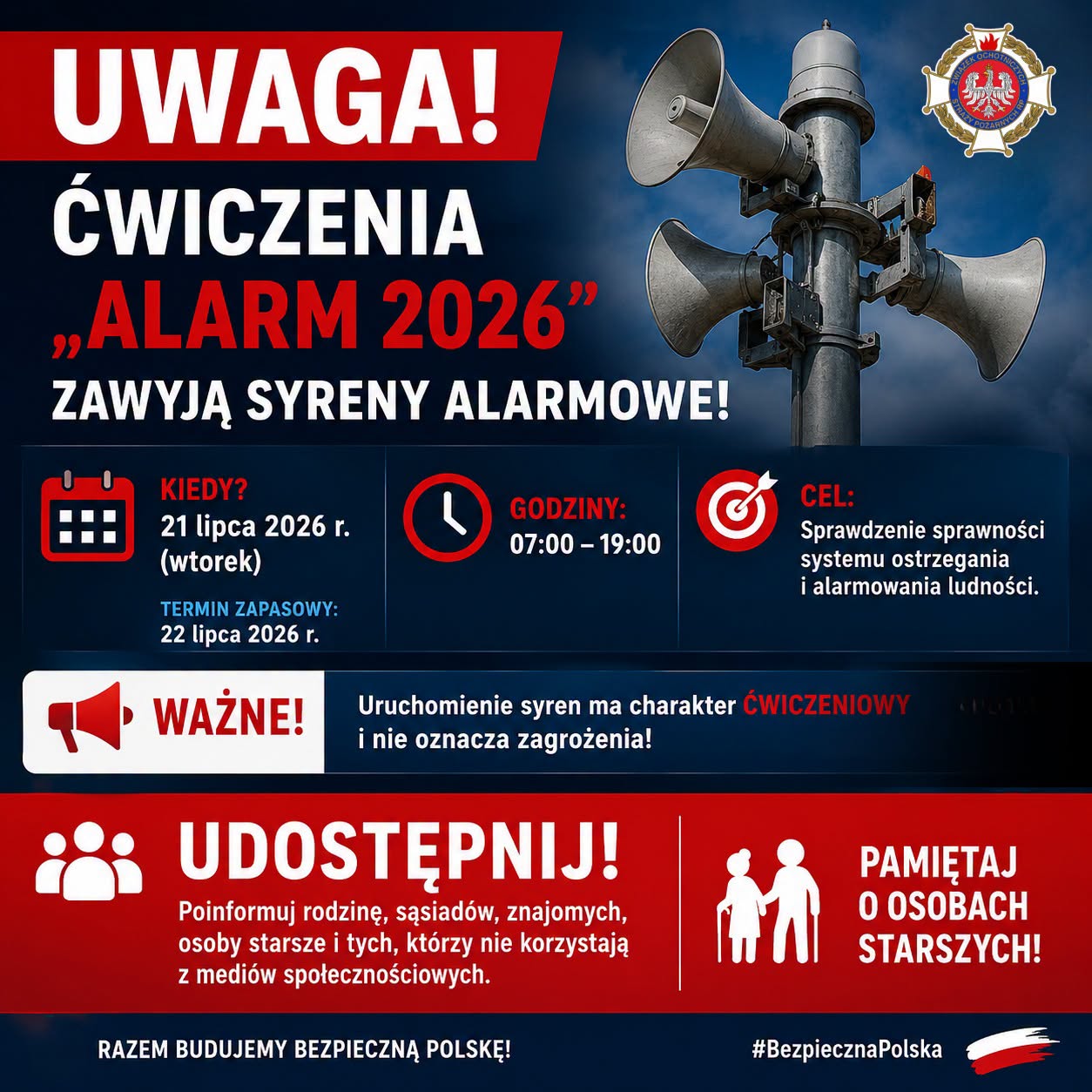 UWAGA! 21 lipca w całej Polsce odbędą się ćwiczenia „ALARM 2026” – usłyszycie syreny alarmowe!