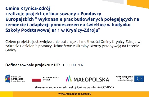 Dofinansowanie na adaptację pomieszczeń Szkoły Podstawowej Nr 1 w Krynicy-Zdroju na świetlicę dla dzieci i młodzieży pochodzących z Ukrainy